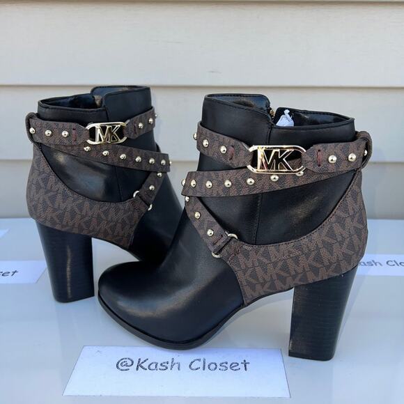Michael Kors Kincaid Studded Logo Ankle Boot Black Brown Multi - Picture 2 of 10
